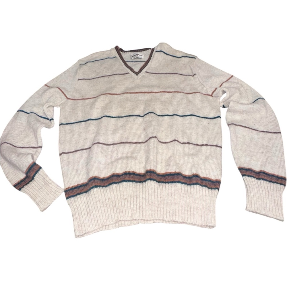 Campus Vintage Striped V-Neck Knit Sweater Cream Brown green men’s‎ size XL